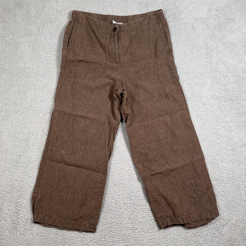 Women's 100% Linen Brown Wide Leg Capri Pants Relaxed Pockets Casual M‎ 30x24